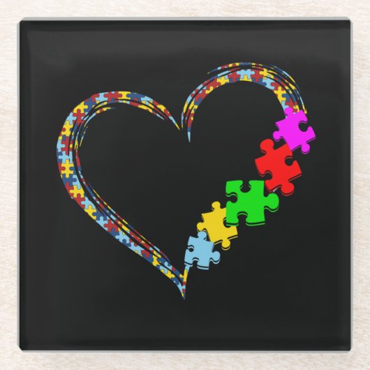 Autistisch | Autisme — Heart Puzzle Piece Glazen Onderzetter (Voorkant)