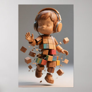 Autistisch kind jongen houten blok lichaam met gek poster
