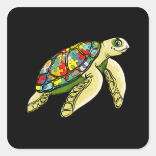 Autistisch  Zee Turtle Puzzle Piece Autisme Awaren Vierkante Sticker