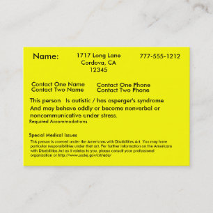 Autistische waarschuwingskaart visitekaartje