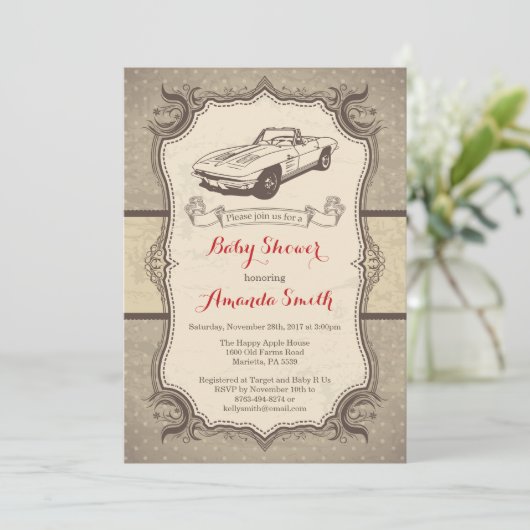 Auto Baby shower Uitnodiging  Retro (Staand voorkant)