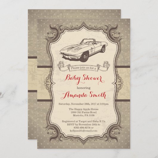 Auto Baby shower Uitnodiging  Retro (Voorkant / Achterkant)