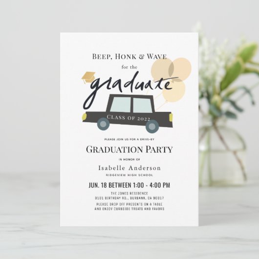 Auto-ballonnen drive-by-Afstuderen uitnodiging (Staand voorkant)