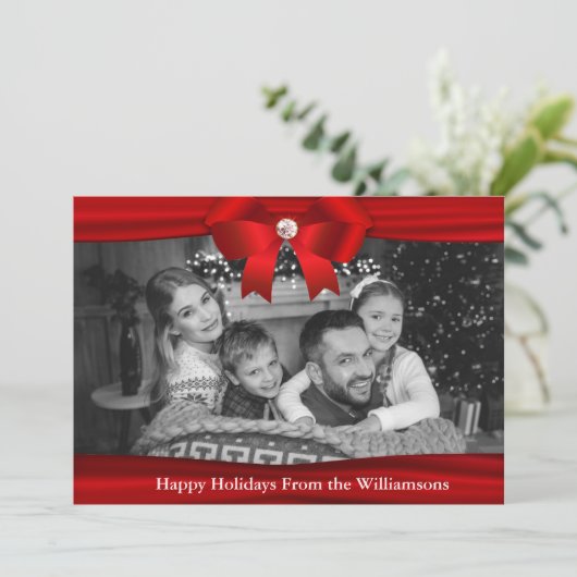 Auto Black and White Photo Red Ribbon Diamond Feestdagenkaart (Staand voorkant)