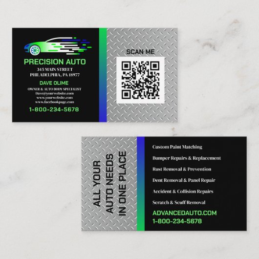 Auto Body Custom Paint Detailing Collison QR-code Visitekaartje (Voorkant / Achterkant)