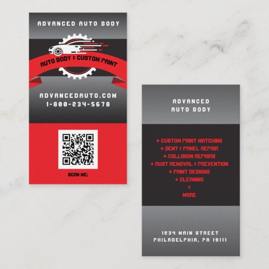 Auto Body Custom Paint Detailing Collison QR-code Visitekaartje (Voorkant / Achterkant)