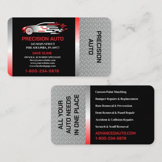 Auto Body Work Custom Car Paint Detailing Collison Visitekaartje (Voorkant / Achterkant)