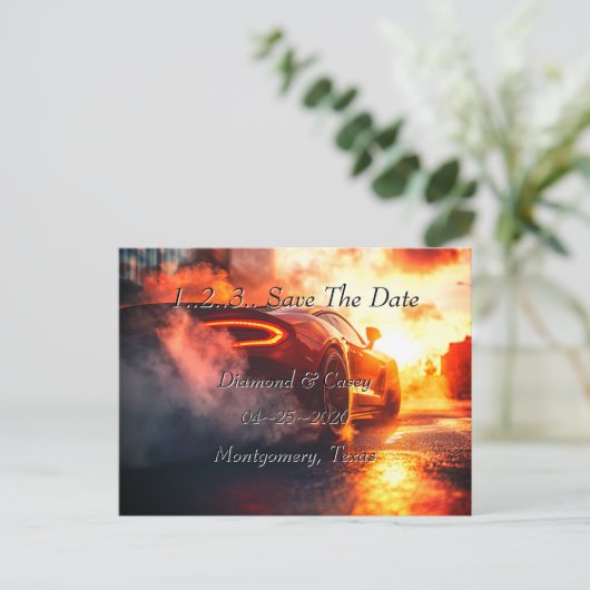 Auto bruiloft Save the date aankondiging (Staand voorkant)