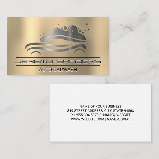 Auto Bubble Wash | Goud metaal Visitekaartje (Voorkant / Achterkant)