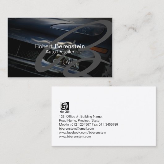 Auto Detailer Monogram Zwarte Auto Automobiel Visitekaartje (Voorkant / Achterkant)