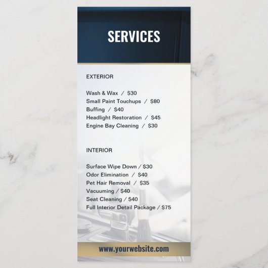 Auto Detailing Auto Schoonmaak Services prijslijst Menu (Achterkant)