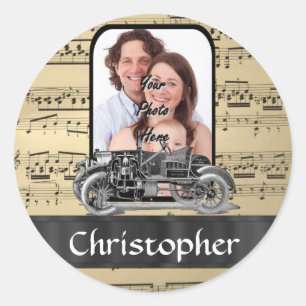 auto en muziekblad ronde sticker