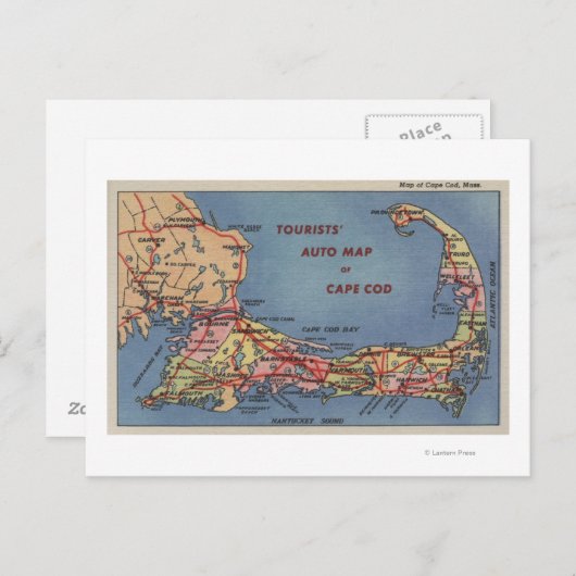 Auto-kaart van de toeristen met Cape Cod Briefkaart (Voorkant / Achterkant)