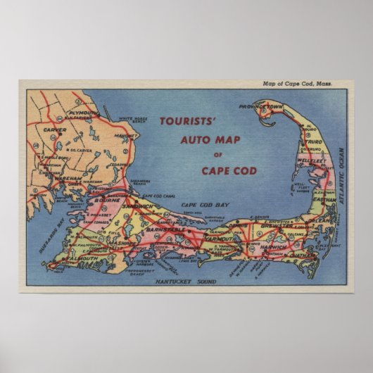 Auto-kaart van de toeristen met Cape Cod Poster (Voorkant)