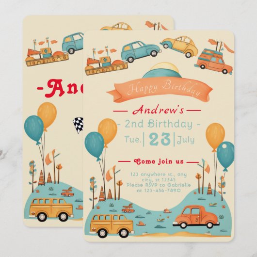 Auto kids verjaardagsthema Flat uitnodiging (Voorkant / Achterkant)