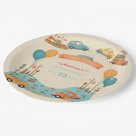 Auto kinderen verjaardag thema papieren bordje (Gekanteld)