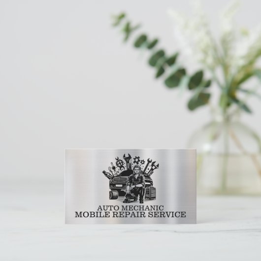 Auto Mechanic Automotive Reparatie Metalen Contact Visitekaartje (Staand voorkant)