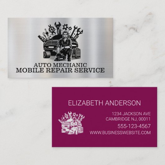 Auto Mechanic Automotive Reparatie Metalen Contact Visitekaartje (Voorkant / Achterkant)