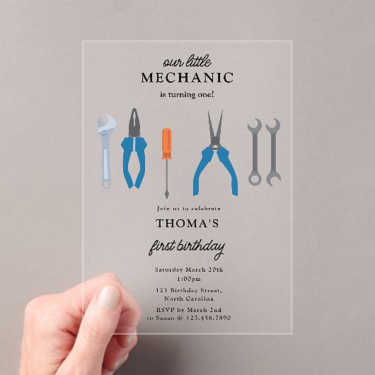 Auto Mechanic Automotive Tools Boy Eerste Verjaard Acryl Uitnodigingen (Insitu (Draagbaar))