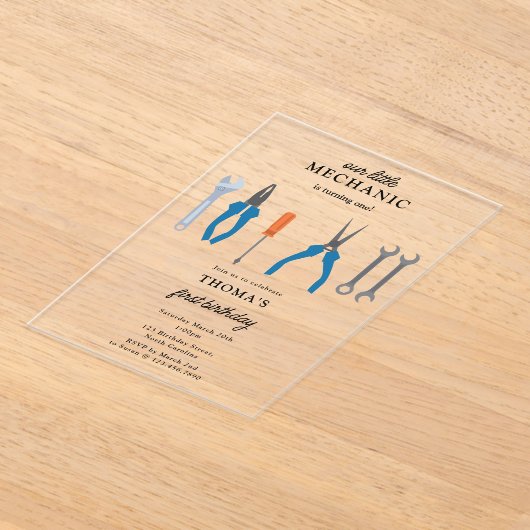 Auto Mechanic Automotive Tools Boy Eerste Verjaard Acryl Uitnodigingen (Laagn)