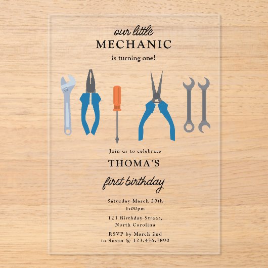 Auto Mechanic Automotive Tools Boy Eerste Verjaard Acryl Uitnodigingen (Voorkant)
