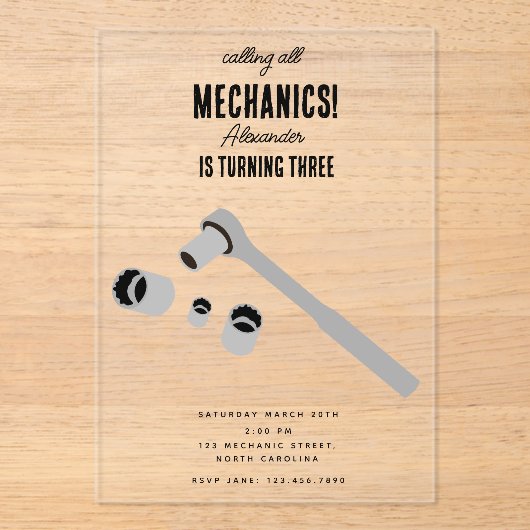 Auto Mechanic Automotive Tools Boy Verjaardagsfees Acryl Uitnodigingen (Voorkant)