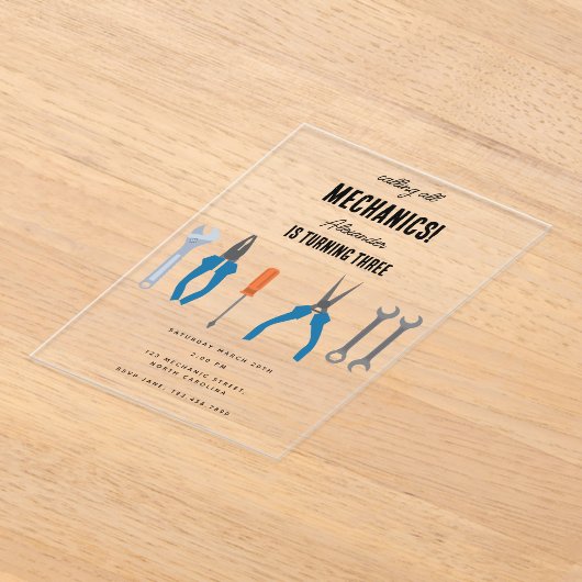 Auto Mechanic Automotive Tools Boy Verjaardagsfees Acryl Uitnodigingen (Laagn)