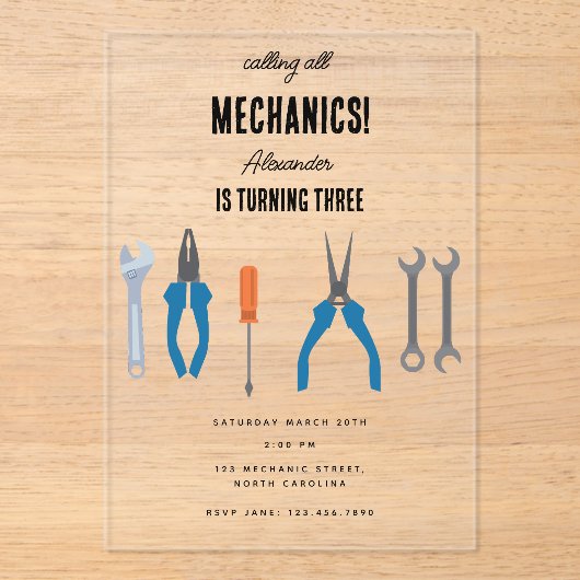 Auto Mechanic Automotive Tools Boy Verjaardagsfees Acryl Uitnodigingen (Voorkant)