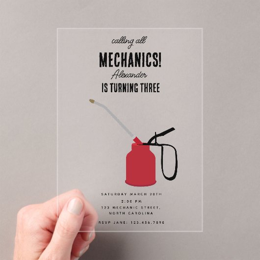Auto Mechanic Automotive Tools Boy Verjaardagsfees Acryl Uitnodigingen (Insitu (Draagbaar))