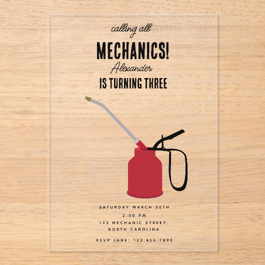 Auto Mechanic Automotive Tools Boy Verjaardagsfees Acryl Uitnodigingen (Voorkant)
