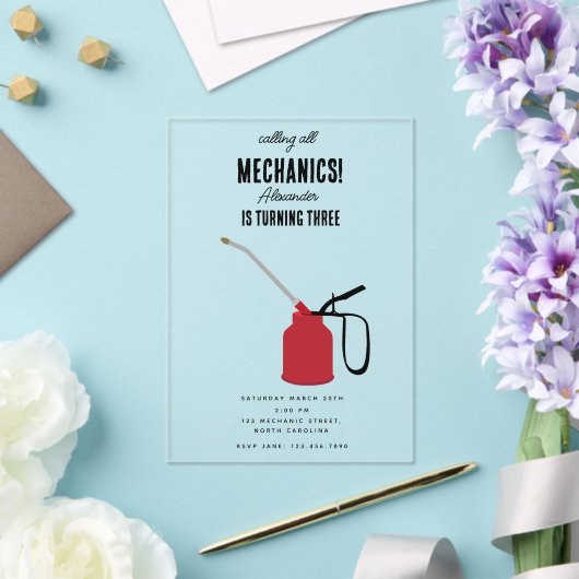Auto Mechanic Automotive Tools Boy Verjaardagsfees Acryl Uitnodigingen (Insitu (Huwelijk))