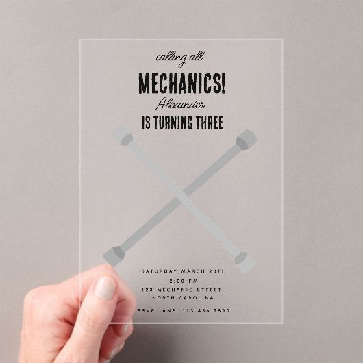Auto Mechanic Automotive Tools Boy Verjaardagsfees Acryl Uitnodigingen (Insitu (Draagbaar))