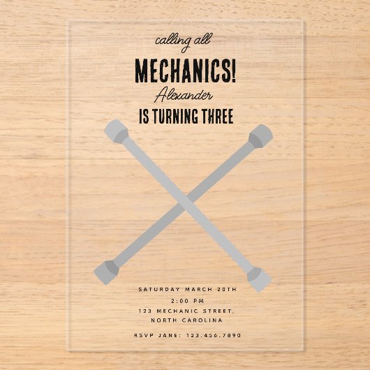 Auto Mechanic Automotive Tools Boy Verjaardagsfees Acryl Uitnodigingen (Voorkant)