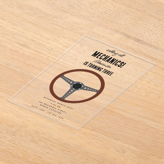 Auto Mechanic Automotive Tools Boy Verjaardagsfees Acryl Uitnodigingen (Laagn)