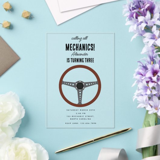 Auto Mechanic Automotive Tools Boy Verjaardagsfees Acryl Uitnodigingen (Insitu (Huwelijk))