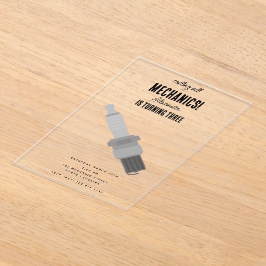 Auto Mechanic Automotive Tools Boy Verjaardagsfees Acryl Uitnodigingen (Laagn)