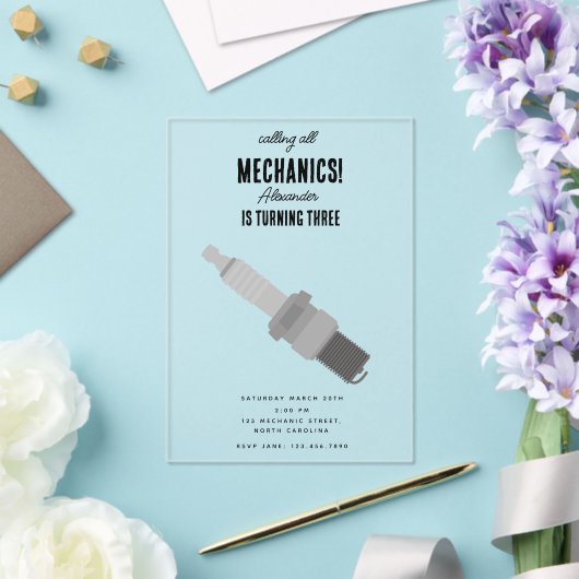 Auto Mechanic Automotive Tools Boy Verjaardagsfees Acryl Uitnodigingen (Insitu (Huwelijk))
