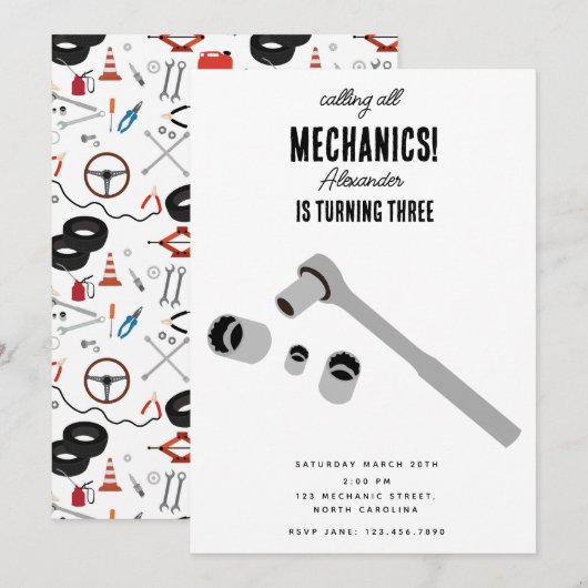 Auto Mechanic Automotive Tools Boy Verjaardagsfees Kaart (Voorkant / Achterkant)