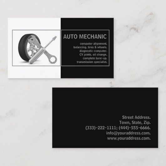 Auto Mechanic Service Zwart Wit Kaart Visitekaartje (Voorkant / Achterkant)