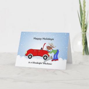 Auto Mechanice Rendier Fixing Red Car Feestdagen Kaart