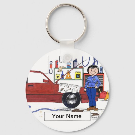 Auto Mechanische Vrouw Cartoon door PrintedPerfect Sleutelhanger (Voorkant)