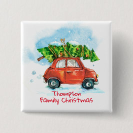 Auto met kerstboom en familienaam vierkante button 5,1 cm