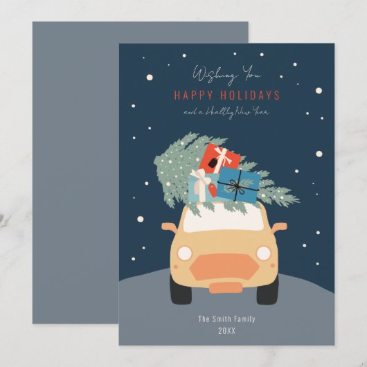 Auto met kerstboom Prettige feestdagen Kaart (Voorkant / Achterkant)