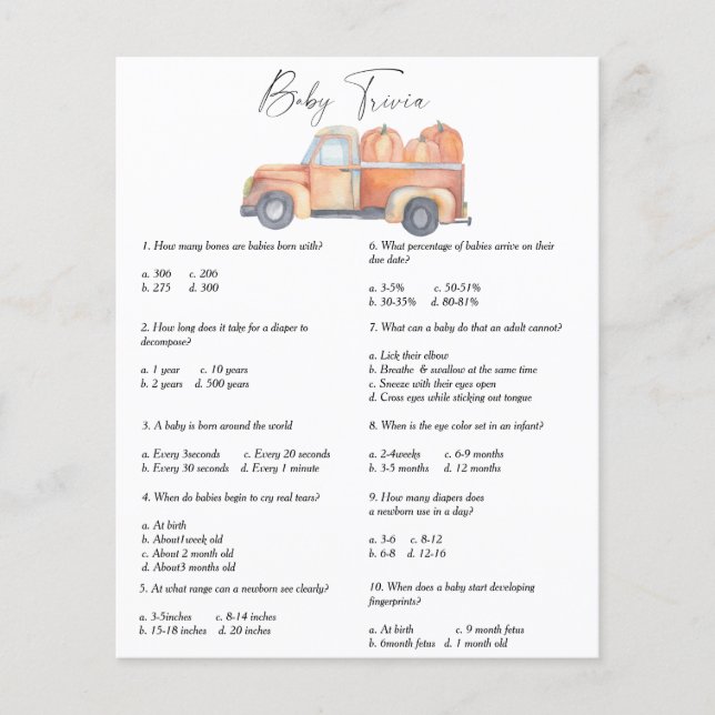 Auto met pompoenen - Baby Trivia | Baby showers wi (Voorkant)