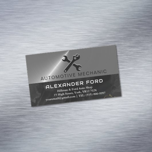 auto monteur garage Metallic zilver glanzend staal Magnetisch Visitekaartje (Voorbeeld)