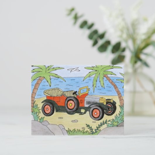 auto op het strand briefkaart (Staand voorkant)