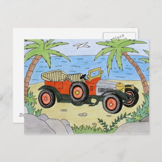 auto op het strand briefkaart