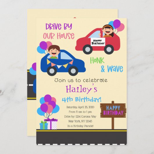 Auto Parade Verticale verjaardagsfeestje uitnodigi Kaart (Voorkant / Achterkant)