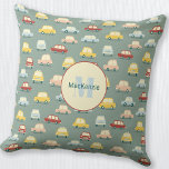 Auto Personalized Sage Green Kussen<br><div class="desc">Cute retro auto patroon op een sage groene achtergrond. Originele kunst van Nic Squirrell. Verander het monogram initiaal en de naam om te personaliseren.</div>