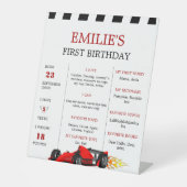 Auto Race Baby 1e Verjaardag Mijlpaal teken Reclamebord Met Voetstuk (Voorkant)